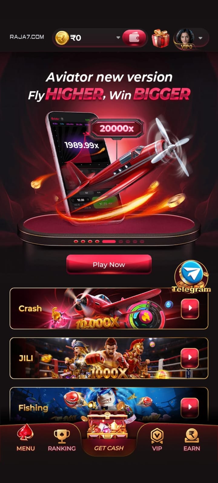 Raja7 Game home screen with the Aviator banner at 20,000x and the Crash, JILI and Fishing shelves below