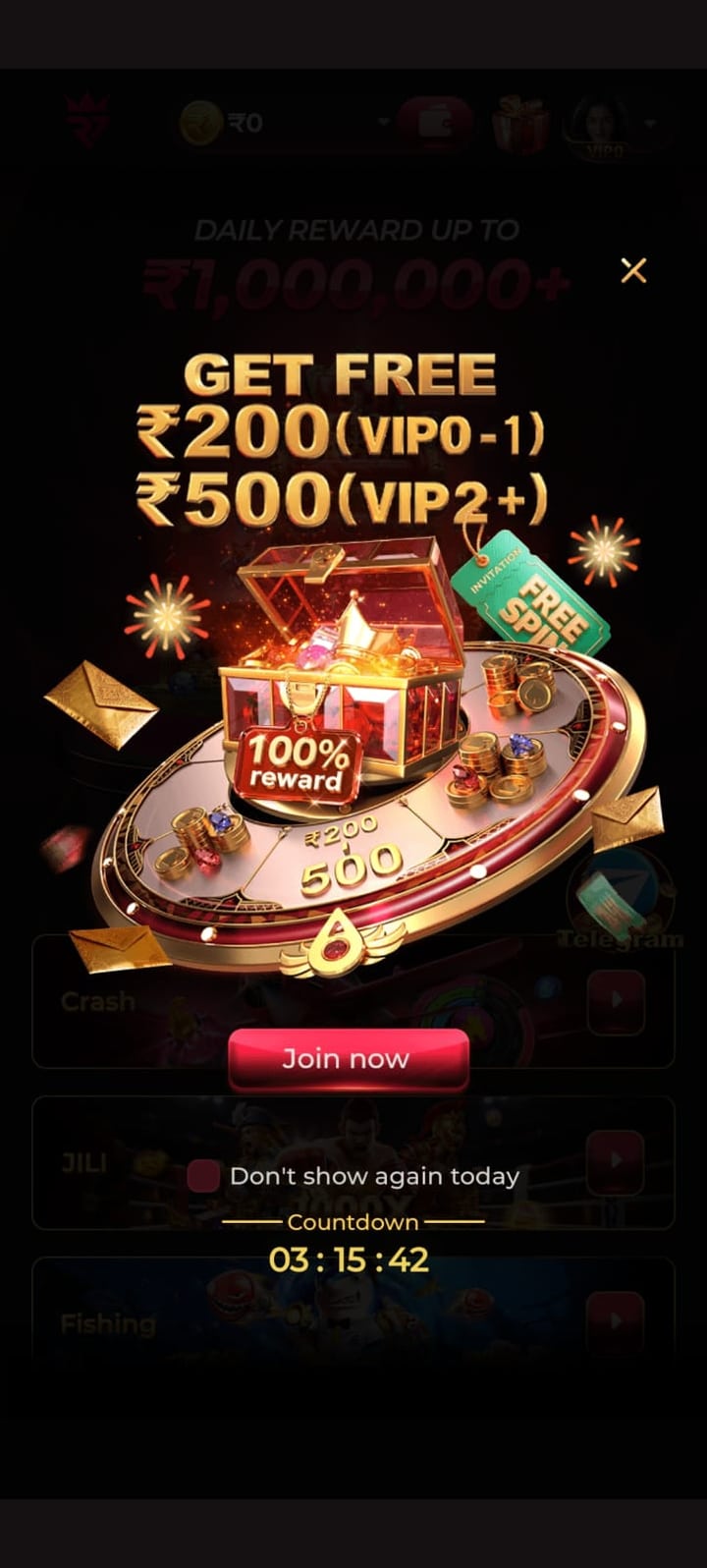Raja7 signup bonus screen offering ₹200 – ₹500 free credit for VIP0-1 and VIP2 players